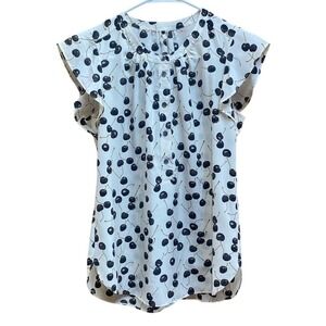 J.Crew Cherry Print Silk Blouse Womens 4 Ivory Black Excellent Flutter‎ Sleeve